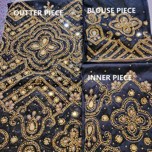 Black Net & Taffeta George Wrapper with Gold Rhinestone 3 Piece, 6 Yards